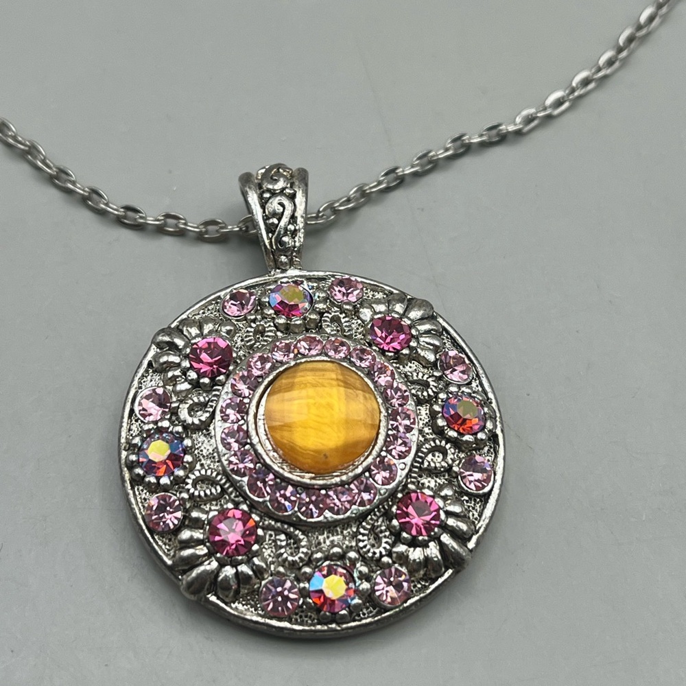 Vintage Silver Tone and Tiger Eye Pink Rhinestones Pendant Necklace